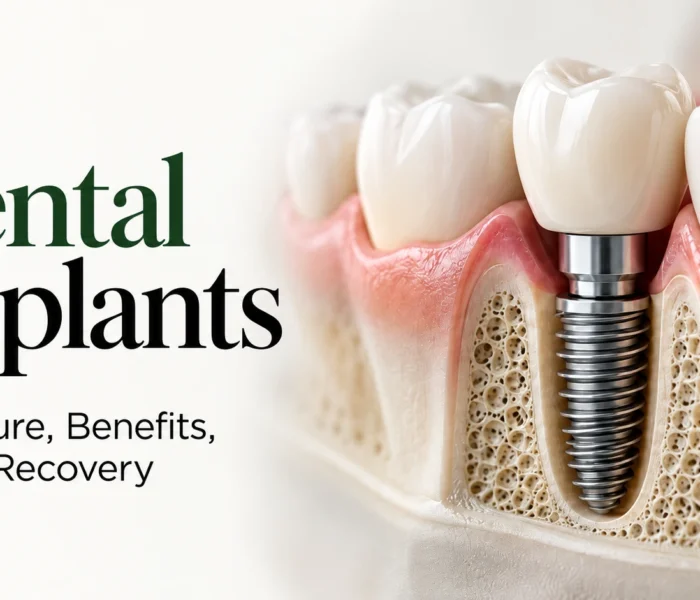 Dental implant illustration showing the implant fixture, connecting abutment and replacement crown in the jawbone