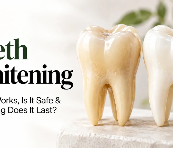 Professional teeth whitening treatment showing a dentist assessing natural tooth shade